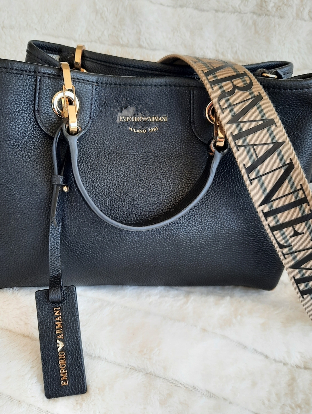 EMPORIO ARMANI MyEA Small Shopper Bag Black Pebbled Leather Tote Bag